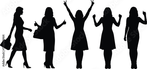 Silhouette people poses with handbag, walking, standing, thumbs up, peace sign, raised fists, pointing gesture, fashion vector illustration design