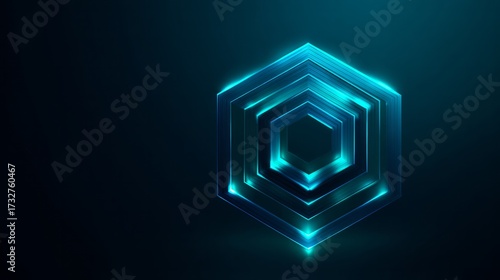 Glowing turquoise hexagon layers in 3d, futuristic digital security symbol on dark background