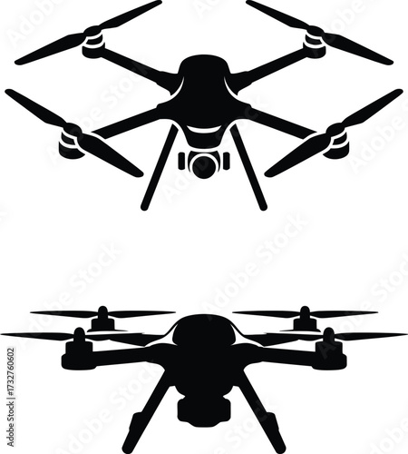 Two silhouettes of quadcopter drones ready for flight and aerial photography