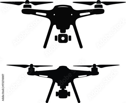 Black silhouette of two drones in flight robotic aerial vehicles for photography and surveillance