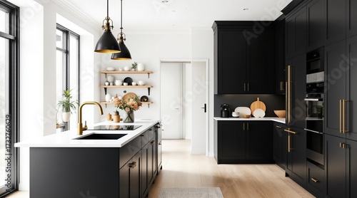 A modern kitchen featuring sleek black cabinetry, a bright white countertop island, and elegant gold fixtures creating a sophisticated culinary space
