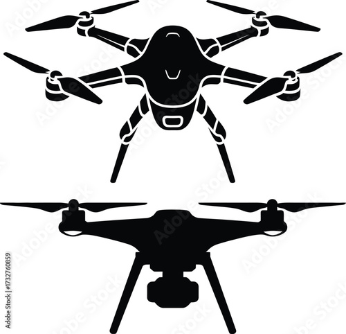 Two silhouette drones quadcopter aerial flying machine rotorcraft remote controlled photography device