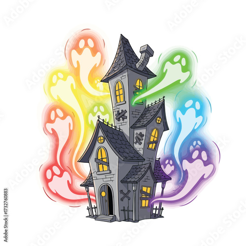 Haunted house with colorful ghosts isolated on white background