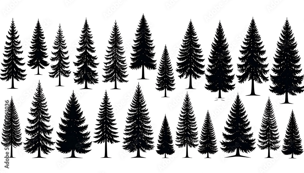 Obraz premium A collection of stylized evergreen trees in varying sizes and shapes, rendered as solid black silhouettes on a white background