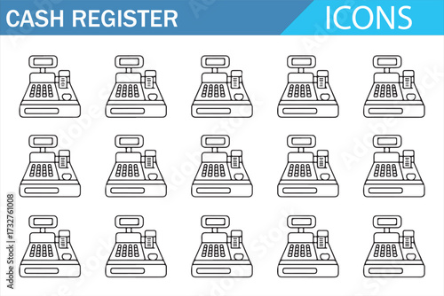 Retail checkout icon pack – monochrome cash register line illustrations for apps and print