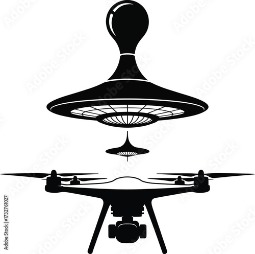 Iconic drone and futuristic ufo silhouette symbolizing aerial technology and unidentified aerial phenomena