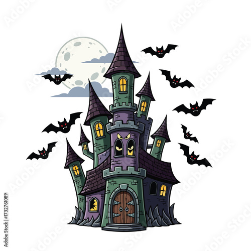 Haunted castle with bats flying around under a full moon isolated on white background
