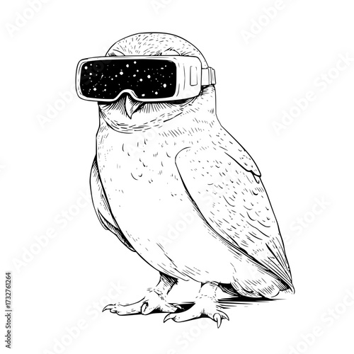 Illustration of an owl wearing a virtual reality headset displaying a starry night sky scene inside it