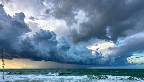 A dramatic weather scene depicts a tumultuous sky with dark, looming clouds above a restless ocean. The horizon is partially obscured by storm