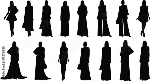 Fashion silhouettes of diverse women and men standing in stylish poses wearing dresses, skirts, pantsuits, gowns, handbags, modern clothing