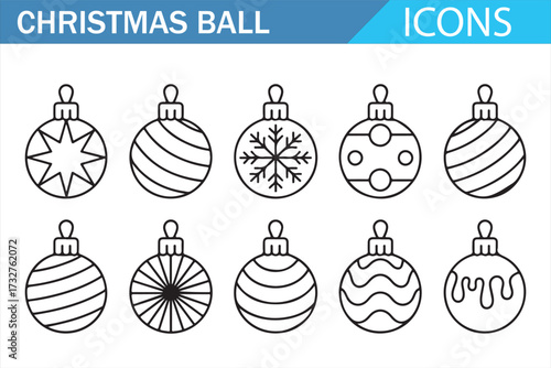Minimal Christmas bauble icons – clean outline set with stars, stripes, and snowflake patterns