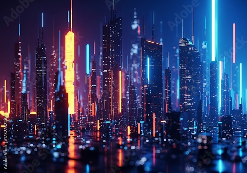 Futuristic cyberpunk cityscape with neon lights and tall buildings