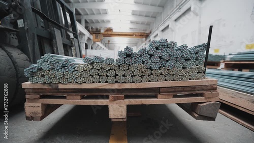 A worker drives a forklift truck transporting goods around the warehouse