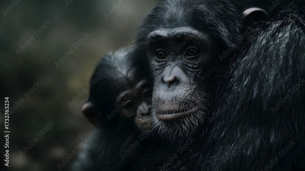 Obraz premium Mother chimpanzee tenderly embraces her infant showing a moment of deep connection in their natural habitat