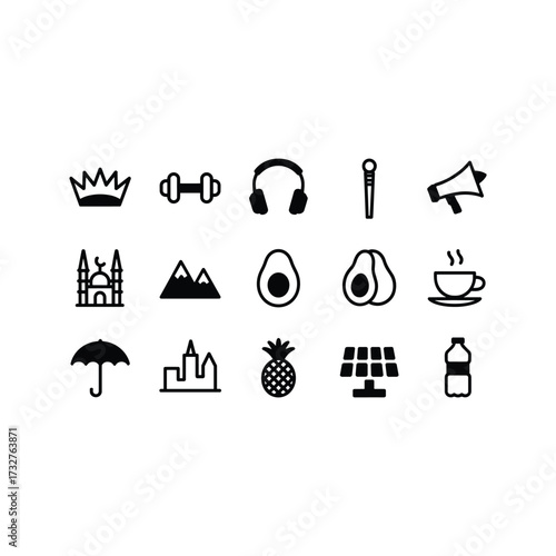 Collection of diverse icons representing various concepts like royalty fitness audio nature food and lifestyle