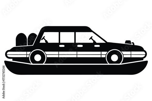 Silhouette illustration shows an old classic limousine with a long body and distinct tail fins
