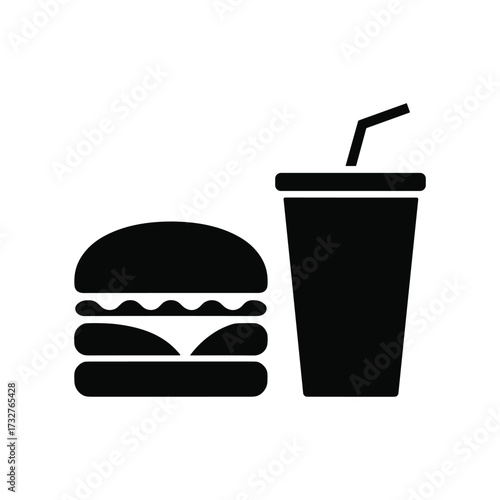 Simple silhouette of a classic hamburger and a drink with a straw fast food meal icon