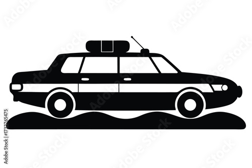Black and white silhouette shows a police car standing on uneven terrain