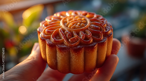 Hand of woman holding a mooncake. Chinese Mid-Autumn Festival concept