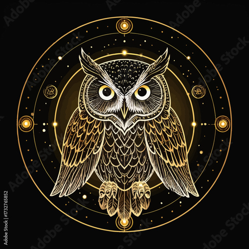 Esoteric illustration of a wise horned owl in a magical circle, detailed with gold lines and astrological symbols