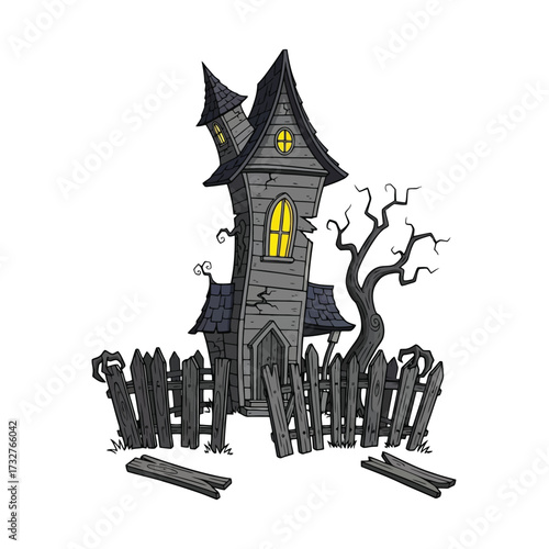 Creepy haunted house with crooked fence and bare tree isolated on white background