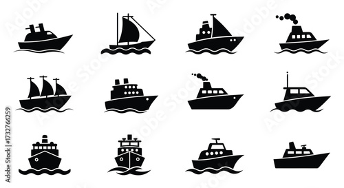 Collection of Various Boat and Ship Icons in Black Silhouette Style