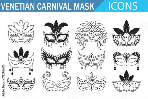 Mardi Gras mask icons – decorative carnival costume collection for party graphics and UI design
