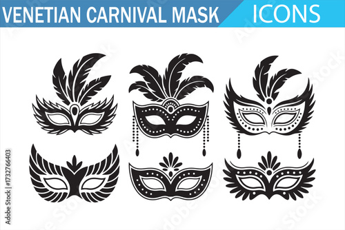 Masquerade masks icon pack – elegant Venetian silhouettes with feathers and lace, black and white vector set