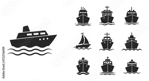 Set of black and white vector icons of various ships and boats