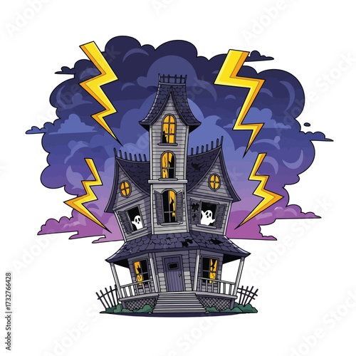 Haunted house with lightning strikes and ghosts isolated on white background
