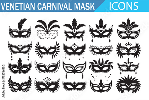 Venetian carnival mask icon set – 20 black and white masquerade vector silhouettes with feathers and filigree, decorative festival costume accessories for Mardi Gras, party graphics, UI and print