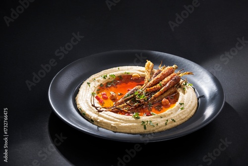 Fotografia This is a close-up of a plate of creamy hummus surrounded by roasted baby carrots and flavored with chili oil