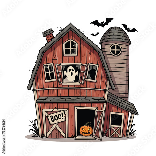 Red barn haunted house with ghost and pumpkin isolated on white background