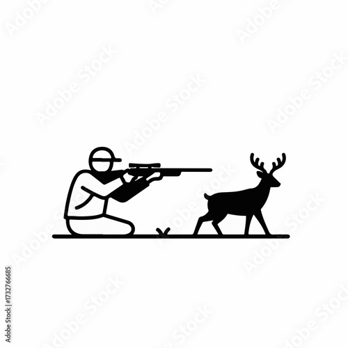 Hunter aims rifle at deer in minimalist outdoor scene