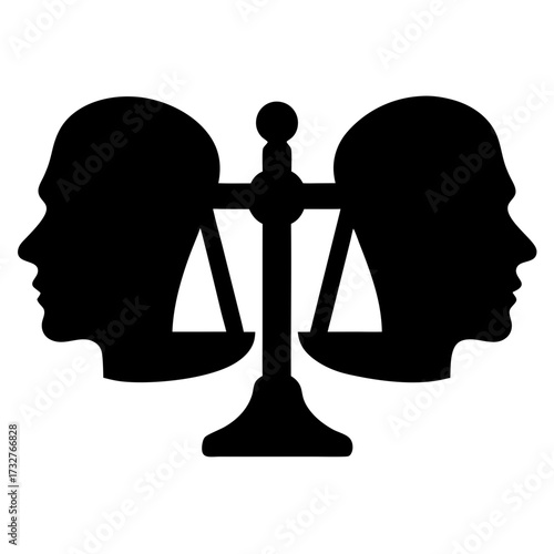 Balance of justice with human faces, a symbolic representation of impartial judgment