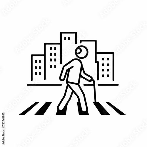 Elderly person with cane crossing busy city street at crosswalk