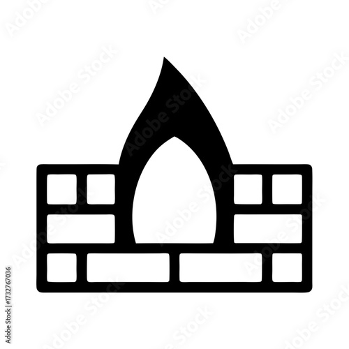 Stylized brick fireplace with a flame silhouette against a white backdrop