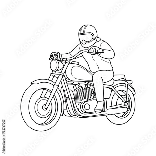 Line art drawing of a rider on a classic motorcycle traveling down the road