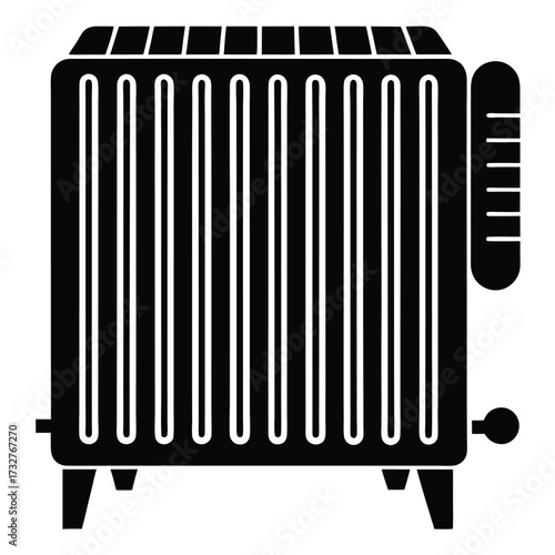 Black electric heater icon with metal radiator isolated on white background showing temperature setting