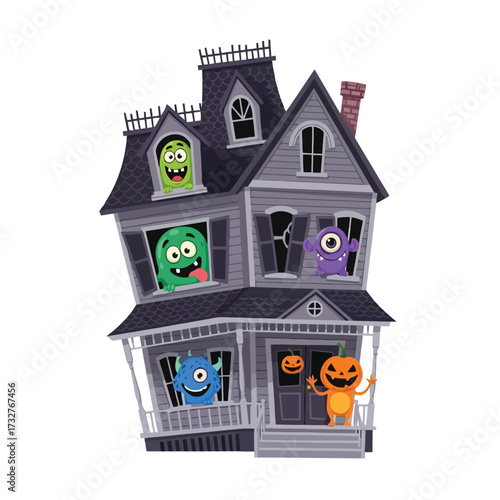 Haunted house with funny monsters peeking out windows isolated on white background