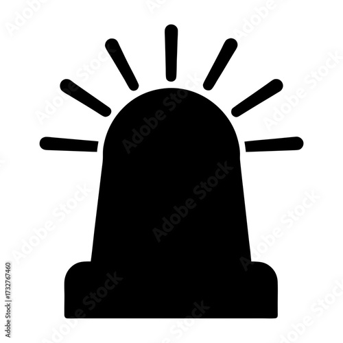 Simple black emergency siren icon with light rays on white background