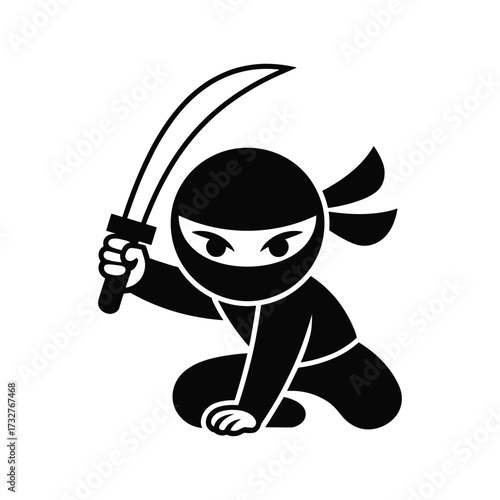 Cute cartoon ninja warrior with katana sword crouching ready for action illustration