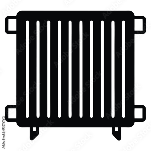 Black radiator icon presents a central heating system with the simple white background