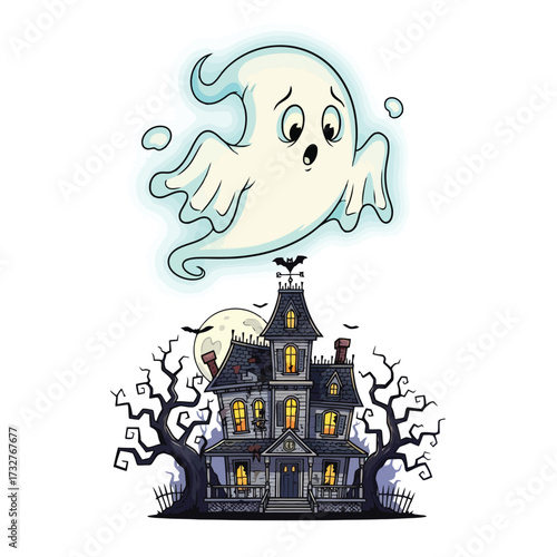 Scared ghost floating above a haunted house at night with full moon