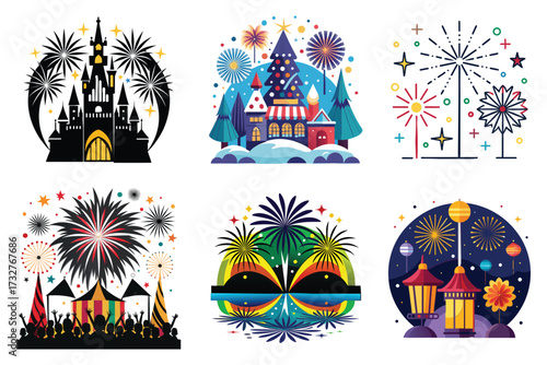 Vibrant fireworks burst celebration element set on transparent background isolated on white background 
