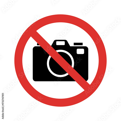 No Photography Sign with Camera Icon for Restricted Areas and Intellectual Property Protection Promoting Respectful Image Usage and Legal Compliance