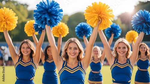 Cheerleaders hold up vibrant blue and yellow pom-poms in a lively outdoor sports event with bright sunlight and blurred crowd background.