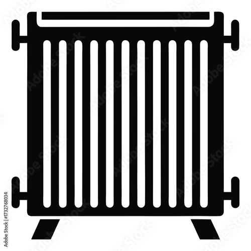 Black silhouette portrays a vintage radiator with supporting legs on an isolated white background