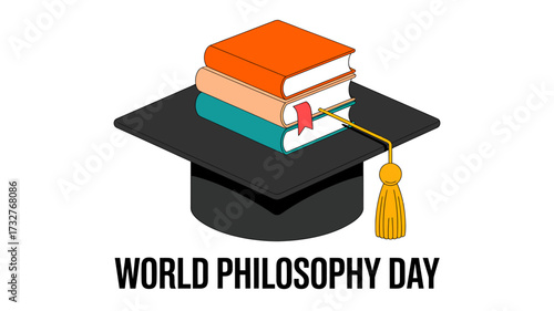 World Philosophy Day Celebration with Graduation Cap and Books Stack Education and Academic Pursuit Illustration Vector Graphic Concept