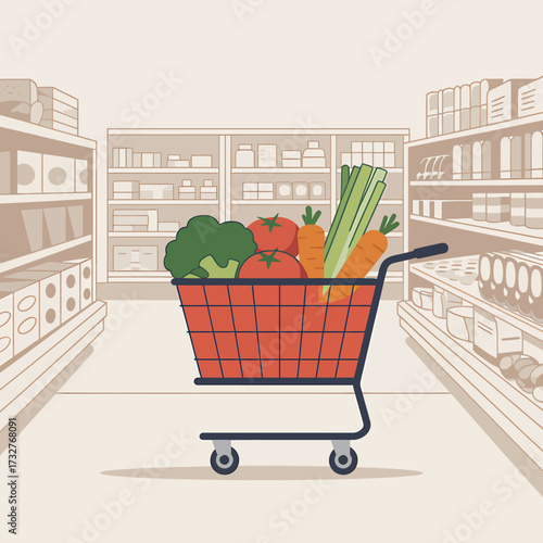 Grocery shopping with fresh vegetables in a red cart in supermarket healthy eating and lifestyle concept cartoon illustration